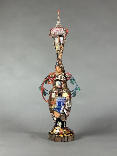 3. Fragile State, 29 x 10 x 6”, repurposed objects, shards, paint, collage, grout, silicone