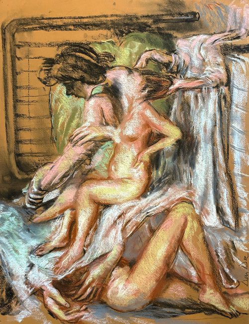 Low Res. Her Knots Departed From the Torment, Pastel,charcoal on tinted paper, 26x19.5”, 2023